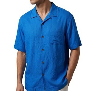 Tommy Bahama Men Size XXXL Blue 100% Silk Herringbon Tropical Button Down Shirt